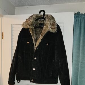 Urban Outfitters Black Corduroy Jacket with Faux Fur Lining And Trim